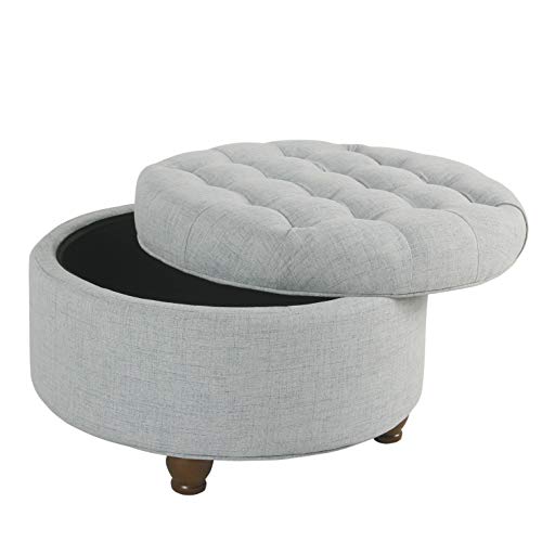 Homepop Home Decor | Large Button Tufted Woven Round Storage Ottoman | Ottoman with Storage for Living Room & Bedroom (Light Blue)