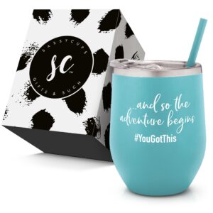 and So The Adventure Begins - Personalized Insulated Wine Tumbler with Lid – Stainless Steel Insulated Travel Mug with Straw – Graduation, Promotion, Going Away, Job Change, Teacher - Adventure Awaits