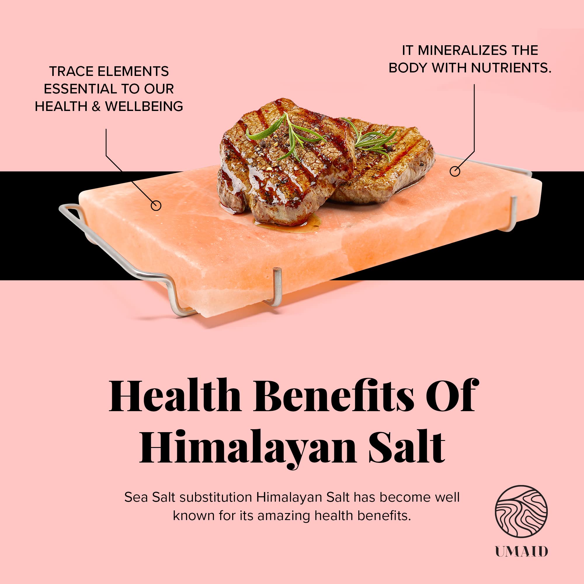 UMAID Himalayan Salt Block For Grilling, Cooking, Cutting and Serving,12X8X1.5 Food Grade Himalayan Pink Salt Stone on Stainless Steel Plate & Recipe Booklet, Unique Gifts for Men, Women, Chef, Cooks