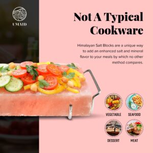 UMAID Himalayan Salt Block For Grilling, Cooking, Cutting and Serving,12X8X1.5 Food Grade Himalayan Pink Salt Stone on Stainless Steel Plate & Recipe Booklet, Unique Gifts for Men, Women, Chef, Cooks