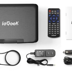 ieGeek Portable DVD Player 12.5", with 10.5" HD Swivel Screen, Car Travel DVD Players 5 Hrs Rechargeable Battery, Region-Free Video Player for Kids Elderly, Remote Control, Sync TV, USB&SD, Black