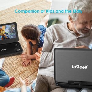 ieGeek Portable DVD Player 12.5", with 10.5" HD Swivel Screen, Car Travel DVD Players 5 Hrs Rechargeable Battery, Region-Free Video Player for Kids Elderly, Remote Control, Sync TV, USB&SD, Black