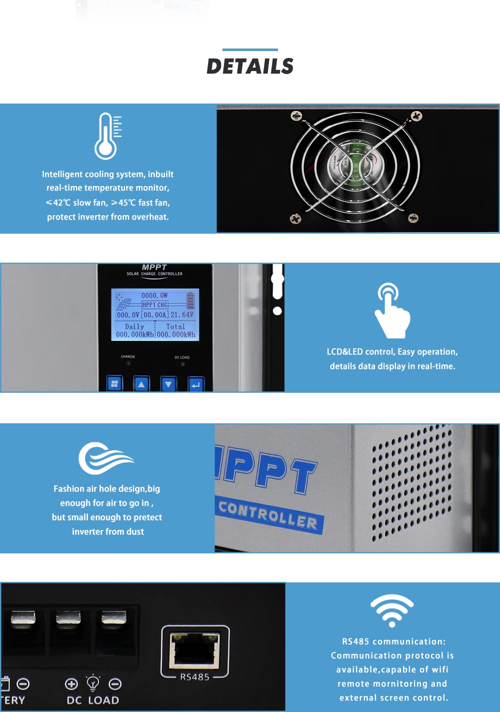 Ampinvt Solar Charge Controller 12v/24v/36v/48v Battery auto, max 150v Solar Input Compatible with Sealed, Gel, Flooded, and Lithium Batteries (AP-40A)