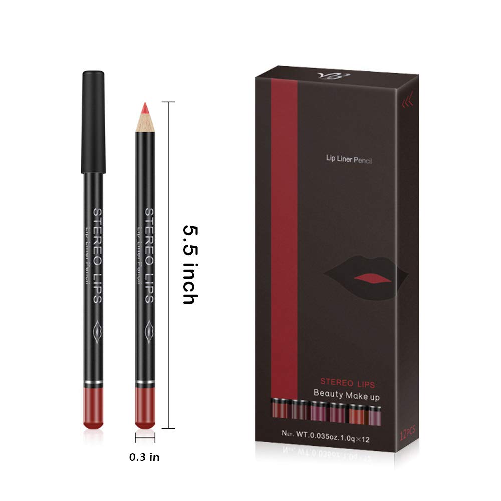 Matte Lip Liner Pencil Set - 12 Assorted Colors Natural Lip Makeup Soft Pencils Waterproof and Long Lasting Velvet Lip Liners (red, pink, rose, plum, peach, cherry, dark brown etc)