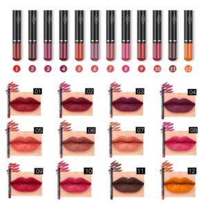 Matte Lip Liner Pencil Set - 12 Assorted Colors Natural Lip Makeup Soft Pencils Waterproof and Long Lasting Velvet Lip Liners (red, pink, rose, plum, peach, cherry, dark brown etc)