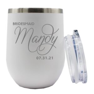 bridesmaid stemless wine tumbler - custom personalized 12 oz insulated stainless steel cup - bride, maid of honor (white)
