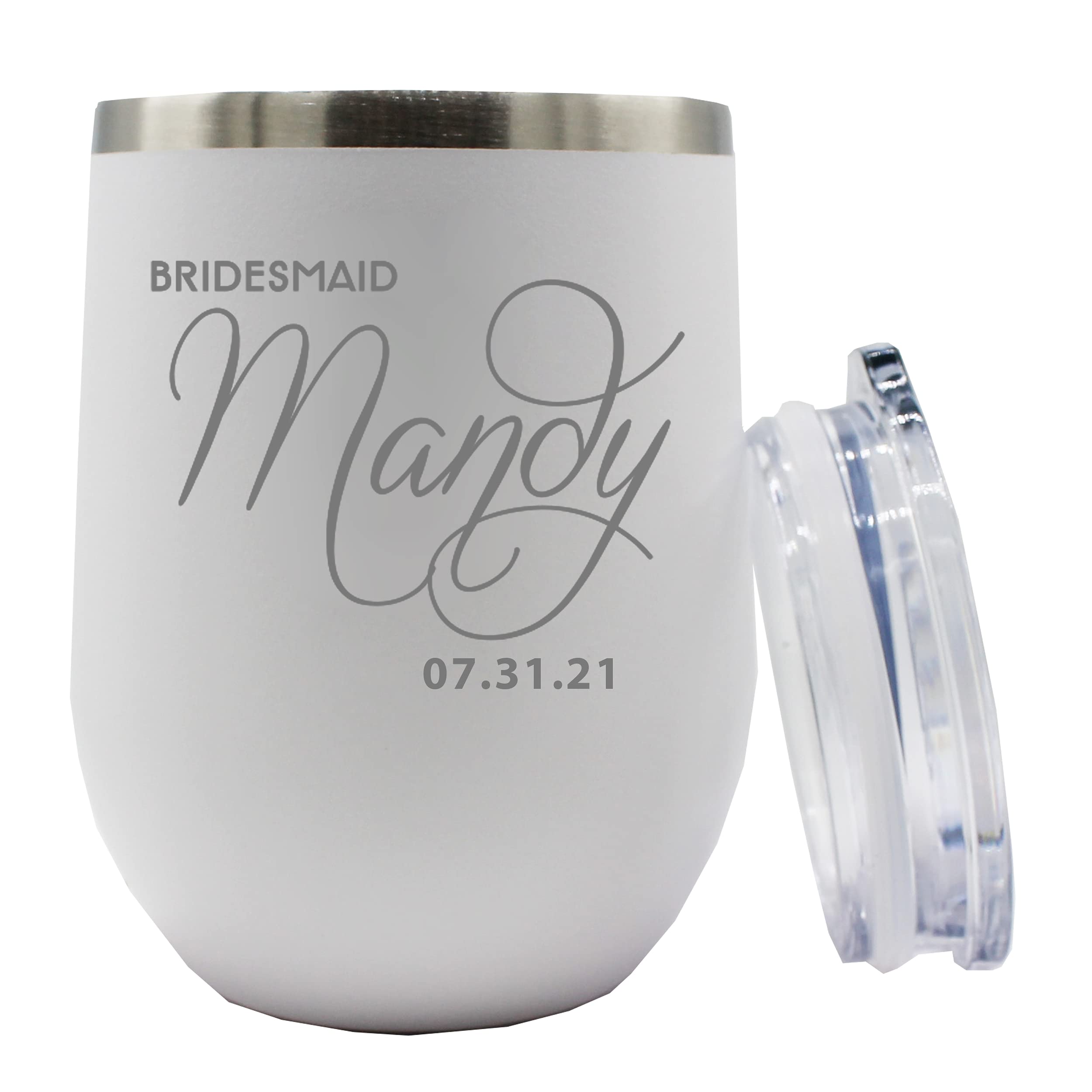 Bridesmaid Stemless Wine Tumbler - Custom Personalized 12 oz Insulated Stainless Steel Cup - Bride, Maid of Honor (White)