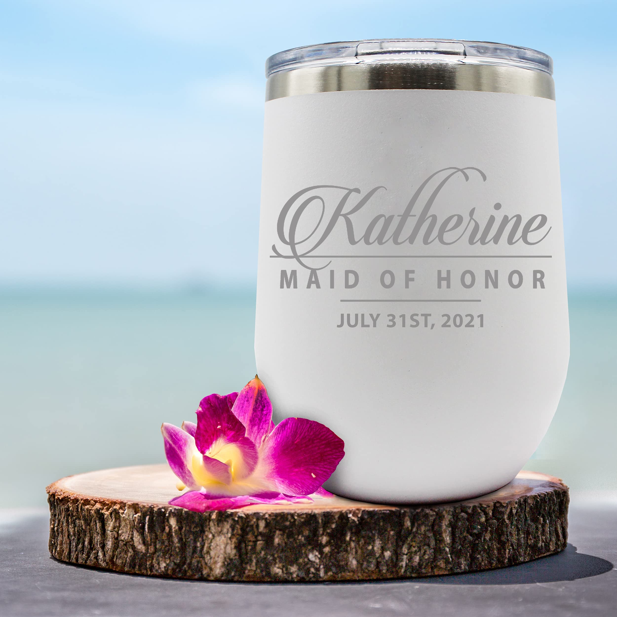 Bridesmaid Stemless Wine Tumbler - Custom Personalized 12 oz Insulated Stainless Steel Cup - Bride, Maid of Honor (White)