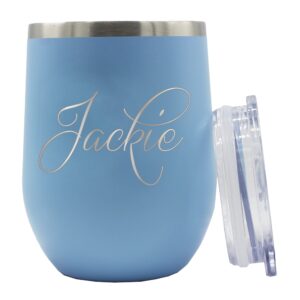 the wedding party store, personalized 12 oz insulated stemless wine tumbler - custom engraved and monogrammed (carolina blue)