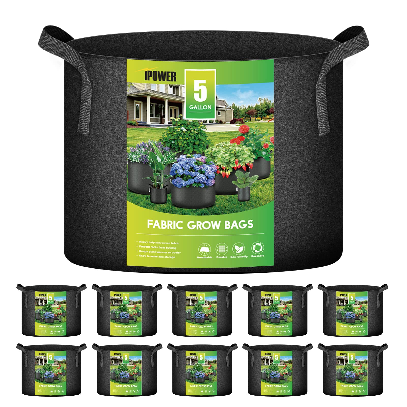 iPower 5 Gallon 10 Pack Grow Bags Nonwoven Fabric Pots Aeration Container with Strap Handles for Garden and Planting, 10-Pack Black