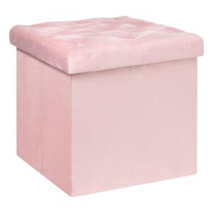 B FSOBEIIALEO Storage Ottoman Cube, Velvet Tufted Folding Ottomans with Lid, Footstool Rest Padded Seat for Bedroom (Pink, Medium)