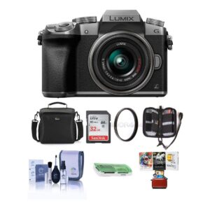 panasonic lumix dmc-g7 mirrorless camera with 14-42mm lens silver - bundle with camera case, 32gb sdhc card, cleaning kit, memory wallet, card reader, 46mm uv filter, mac software package