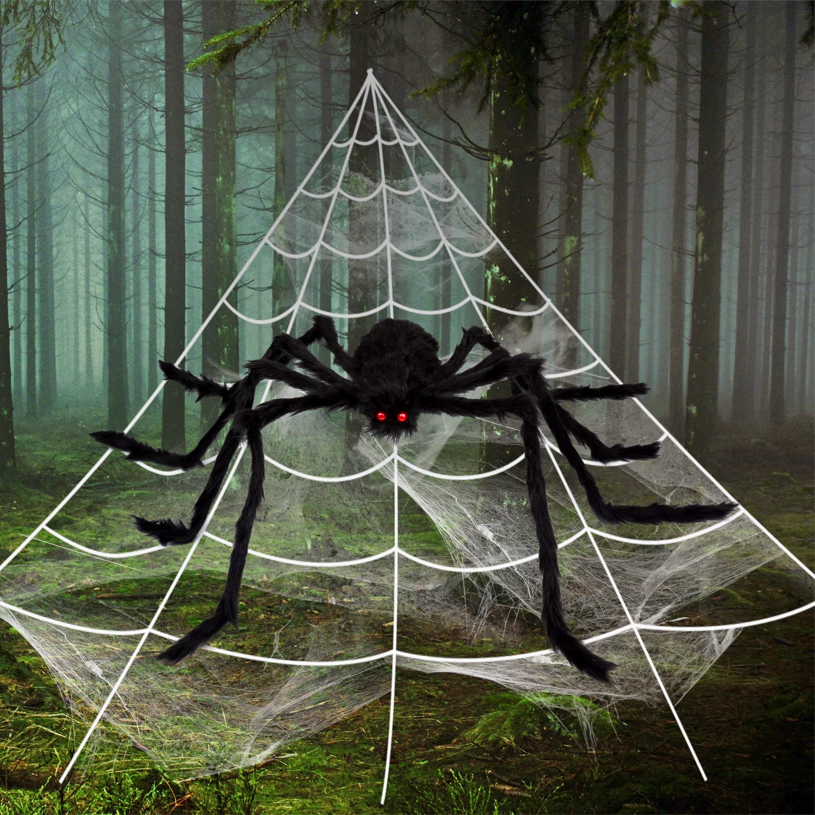 EZIGO Halloween Spider Decorations 3PCS Giant Spider Huge Spider Web Stretch Web Component of Huge Spider and Mega Spider Web Halloween Party Supplies Yard Halloween Outdoor Décor Haunted Decoration