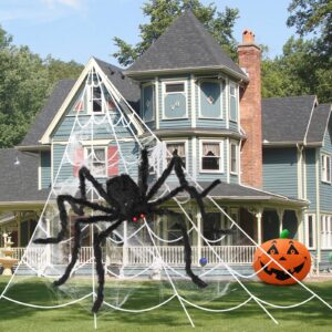 EZIGO Halloween Spider Decorations 3PCS Giant Spider Huge Spider Web Stretch Web Component of Huge Spider and Mega Spider Web Halloween Party Supplies Yard Halloween Outdoor Décor Haunted Decoration