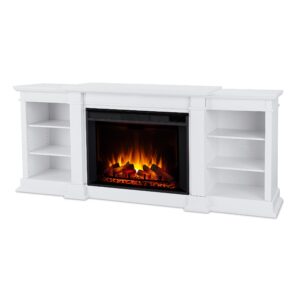 real flame eliot grand electric fireplace tv stand, solid wood with adjustable shelves, includes mantel, firebox & remote control, white