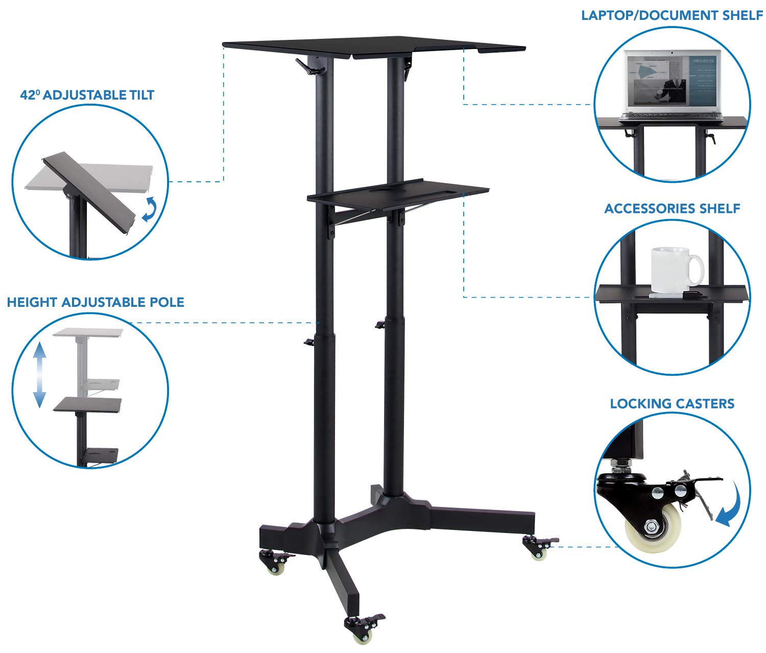 Mount-It! Mobile Standing Height Desk, Portable Podium and Rolling Presentation Lectern, Laptop Stand Up Desk with Caster Wheels (MI-7971)