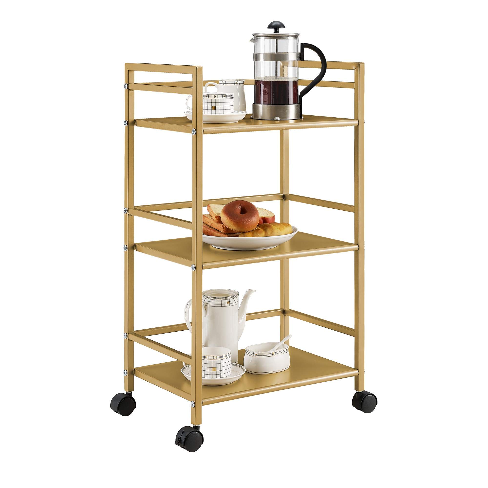 Novogratz Helix 3 Shelf Metal Rolling Utility Cart, Gold