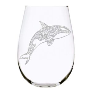 c & m personal gifts 17 oz stemless wine glass – beautiful mandala orca engraved juices & cocktail glass made from crystal material for men and women – ideal for orca lovers – made in usa