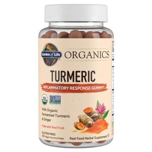 garden of life organics turmeric inflammatory response gummy - 120 real fruit gummies for kids & adults, 50mg curcumin (95% curcuminoids), no added sugar, organic, non-gmo, vegan & gluten free