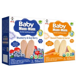 hot-kid baby mum-mum rice rusks, 2 flavor variety pack, 24 pieces (pack of 4) 2 each: sweet potato & carrot, blueberry & goji gluten free, allergen free, non-gmo, rice teether