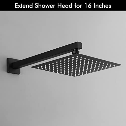 KES Shower Head Extension Arm, Rain Shower Head Extension Extender 16-Inch Square Rainfall Shower Arm with Flange SUS304 Stainless Steel Matt Black, PSAN4-BK