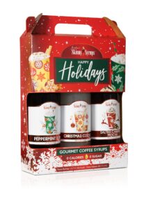 jordan's skinny syrups happy holidays gourmet coffee syrup trio: peppermint bark, christmas cookie, salted caramel mocha (one bottle of each flavor, 12.7 oz each)