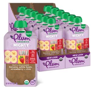 plum organics mighty builder organic toddler food - banana, white bean, strawberry, and chia - 4 oz pouch (pack of 12) - organic fruit and vegetable toddler food pouch