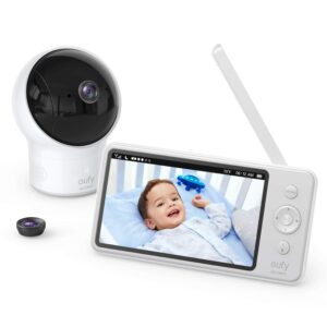eufy security spaceview video baby monitor e110 with camera and audio, security camera, 720p hd resolution, night vision, 5" display, 110° wide-angle lens included, lullaby player, sound alert