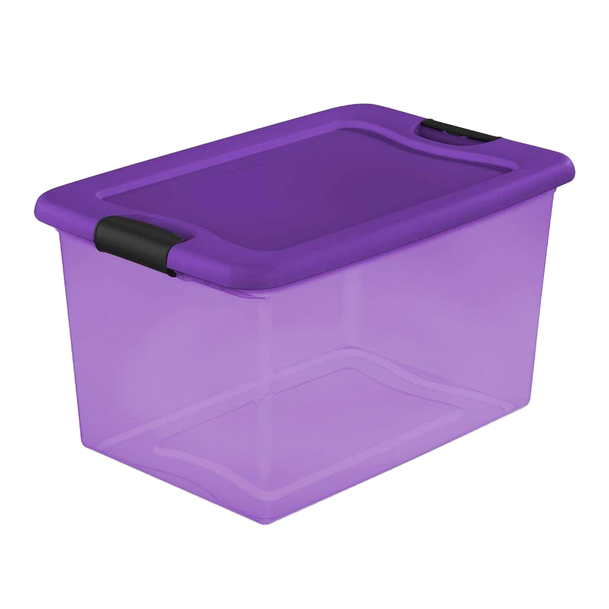 Sterilite 64 Qt Latching Storage Box Stackable Bin with Latch Lid, Plastic Container to Organize Halloween Decor, Purple Tint with Purple Lid, 18-Pack