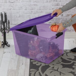 Sterilite 64 Qt Latching Storage Box Stackable Bin with Latch Lid, Plastic Container to Organize Halloween Decor, Purple Tint with Purple Lid, 18-Pack