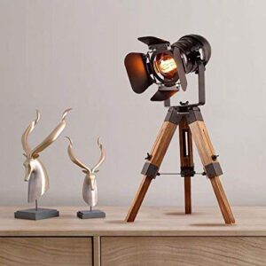 JUNOLUX Farmhouse Vintage Adjustable Cinema Tripod Wood Table Lamp - Nautical Industrial Black Retro Style Spotlights Searchlights Wooden Standing Lamp Cinema Movie Props-for Living Room Bedroom