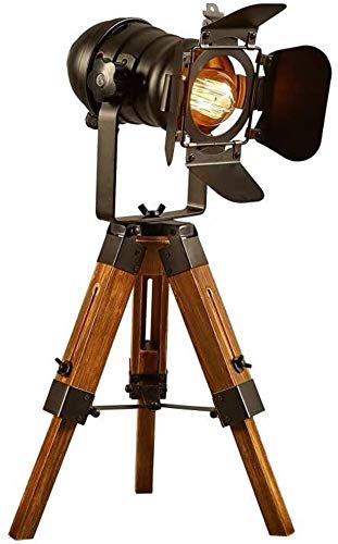 JUNOLUX Farmhouse Vintage Adjustable Cinema Tripod Wood Table Lamp - Nautical Industrial Black Retro Style Spotlights Searchlights Wooden Standing Lamp Cinema Movie Props-for Living Room Bedroom