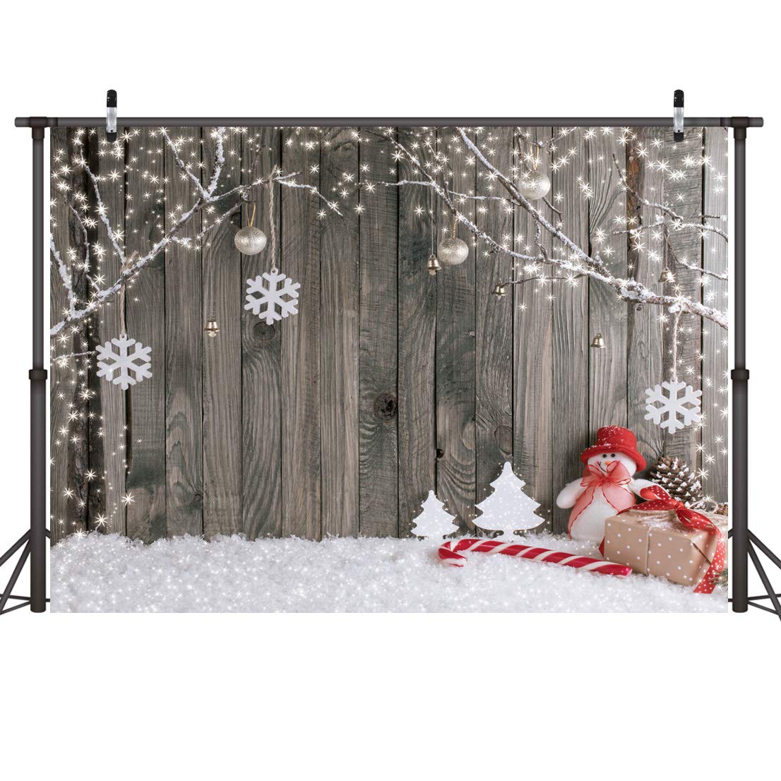 LYWYGG 7X5FT Christmas Backdrop Snow Floor Photo Backgrounds Wooden Wall Photography Backdrops for Child CP-70