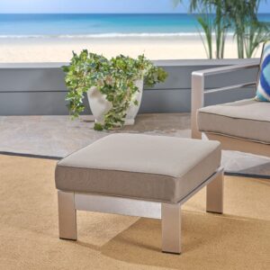 Christopher Knight Home Aya Coral Cushioned Aluminum Ottoman, Silver and Khaki