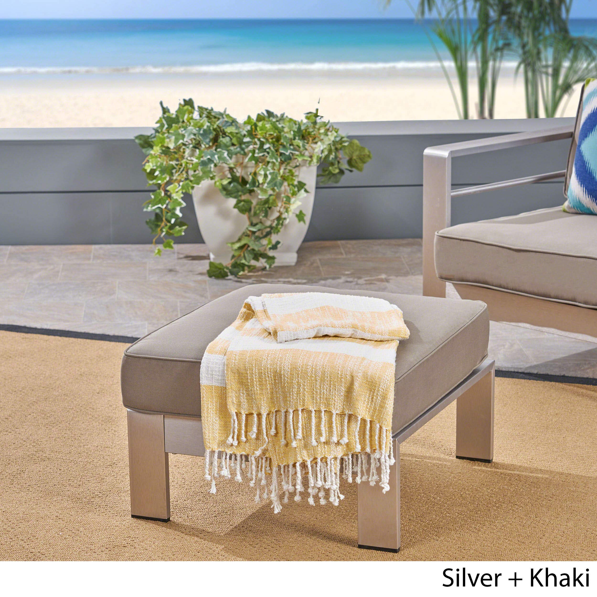 Christopher Knight Home Aya Coral Cushioned Aluminum Ottoman, Silver and Khaki