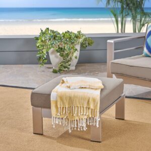 Christopher Knight Home Aya Coral Cushioned Aluminum Ottoman, Silver and Khaki