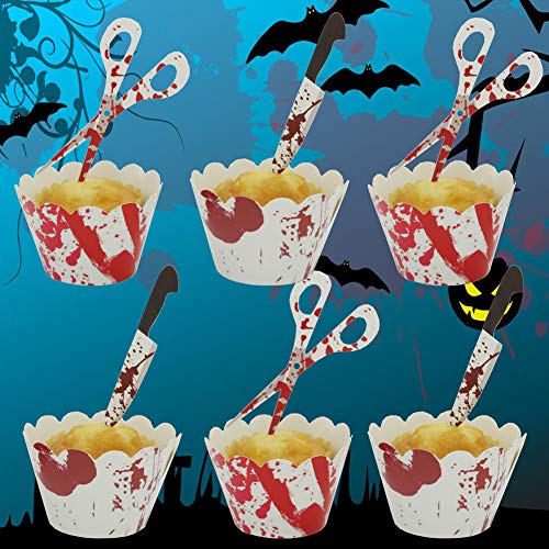 YuBoBo Halloween Cupcake Toppers Wrappers, Horror Cake Halloween Decoration Bloodstain Cake Knife Scissors Food Decor Party Supplies (12 sets (24pcs))