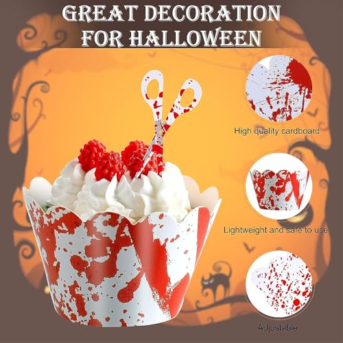 YuBoBo Halloween Cupcake Toppers Wrappers, Horror Cake Halloween Decoration Bloodstain Cake Knife Scissors Food Decor Party Supplies (12 sets (24pcs))