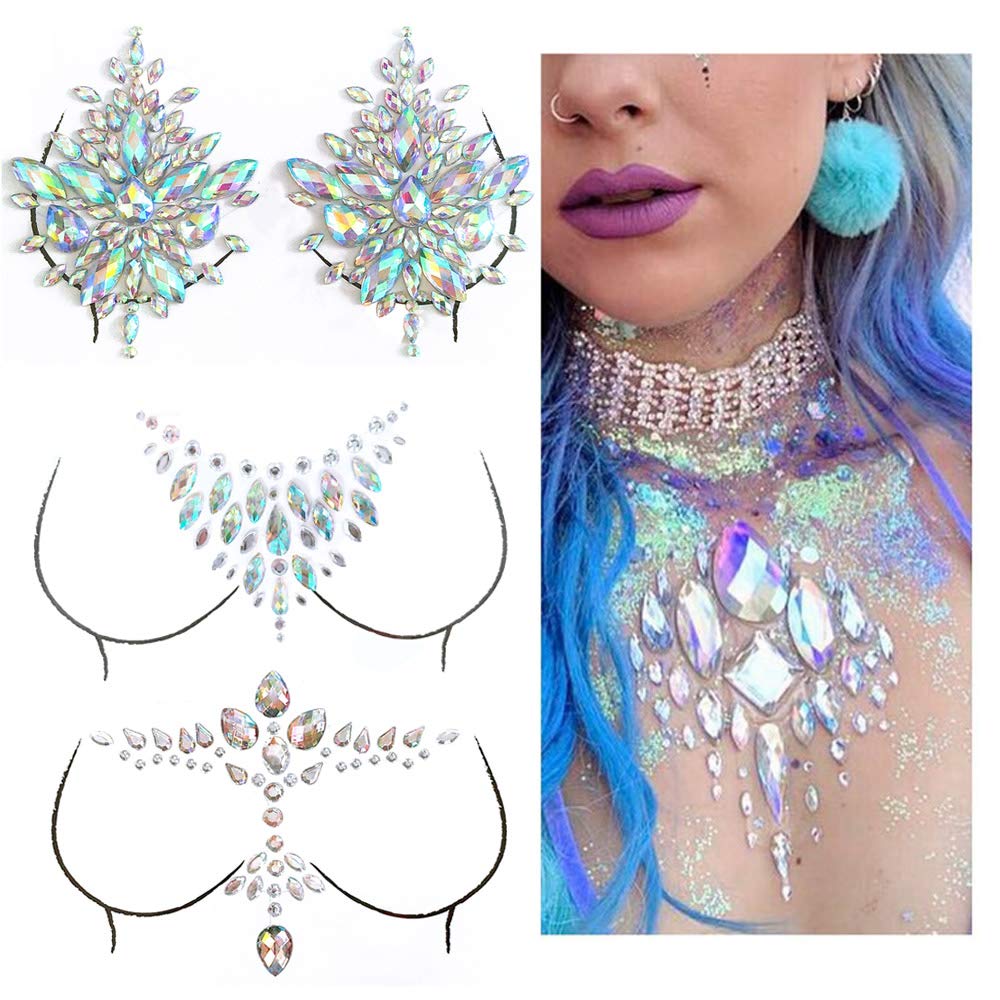 Breast Jewels Tattoo Rhinestone Chest Sticker Temporary Tattoo Glitter Breast Body Gems Tattoo Sticker Body Art Decor Jewel Paste for Festival Makeup(3 Sets)