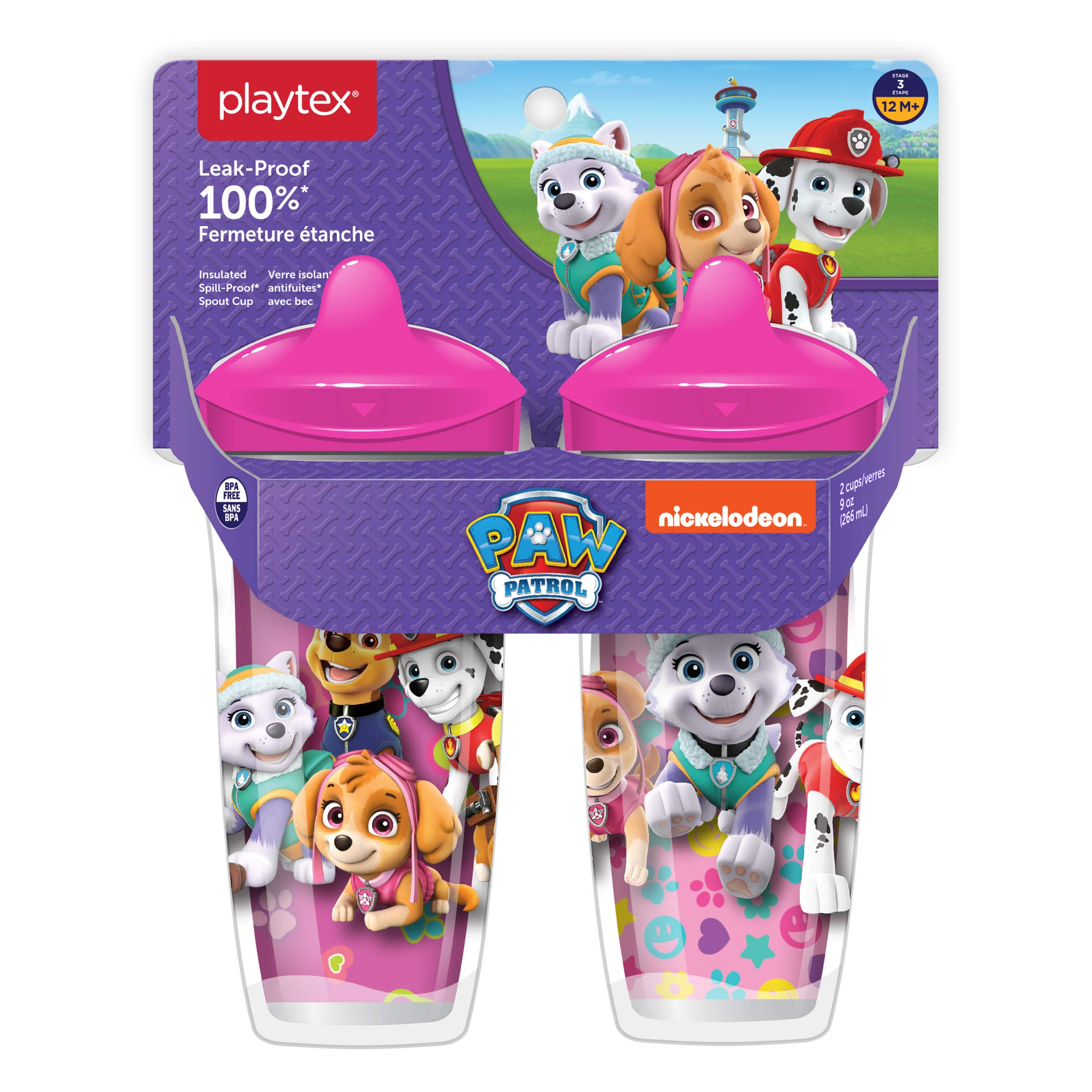 Playtex Sipsters Stage 3 Paw Patrol Spill-Proof, Leak-Proof, Break-Proof Spout Cup for Girls, 9 Ounce (Pack of 2)