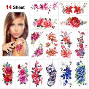 flower temporary tattoos for women teens girls(14 sheets),konsait rose lotus cherry blossoms waterproof temporary tattoo festival fake tattoo body art stickers for summer beach pool party
