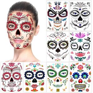halloween temporary face tattoos (8pack), konsait day of the dead sugar skull floral black skeleton web red roses full face mask tattoo for women men adult kids boys halloween party favor supplies