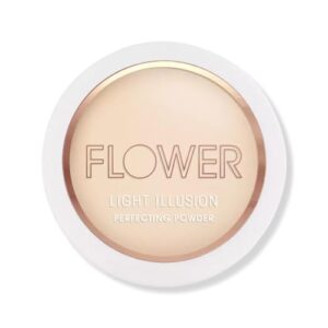 flower beauty light illusion perfecting powder - pressed powder face makeup, buildable medium coverage with blurring pigments, includes mirror & sponge (nude) 0.28 oz. (pack of 1)