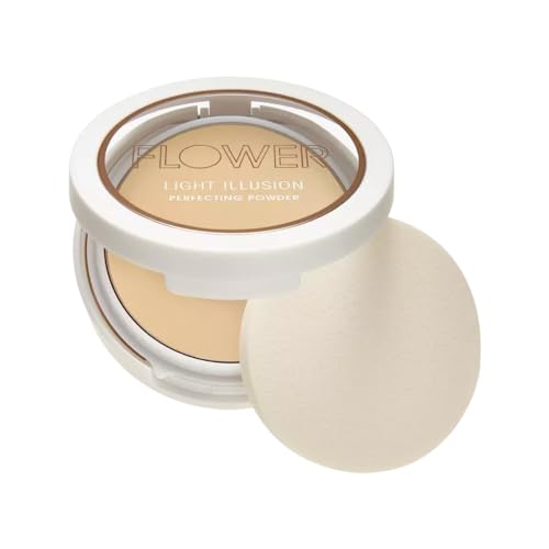 Flower Beauty Light Illusion Perfecting Powder - Pressed Powder Face Makeup, Buildable Medium Coverage with Blurring Pigments, Includes Mirror & Sponge (Nude) 0.28 oz. (Pack of 1)