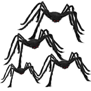 joyin 4 pcks halloween outdoor decorations hairy spider set, realistic scary fake spider hairy spider props for for halloween yard decorations party decor, black (one 47.25", two 35.5", and one 29.5")