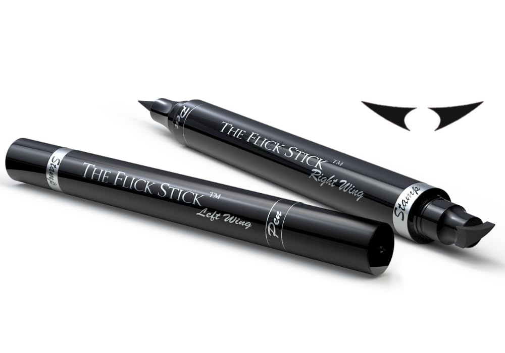 The Flick Stick Winged Eyeliner Stamp, 2 x Black Liquid Eyeliner Pens, Easy Cat Eye Stencil Makeup Tool, SmudgeProof & Waterpoof Eye Liner, Vamp Wing, Wingliner (10mm Classic, Midnight Black)