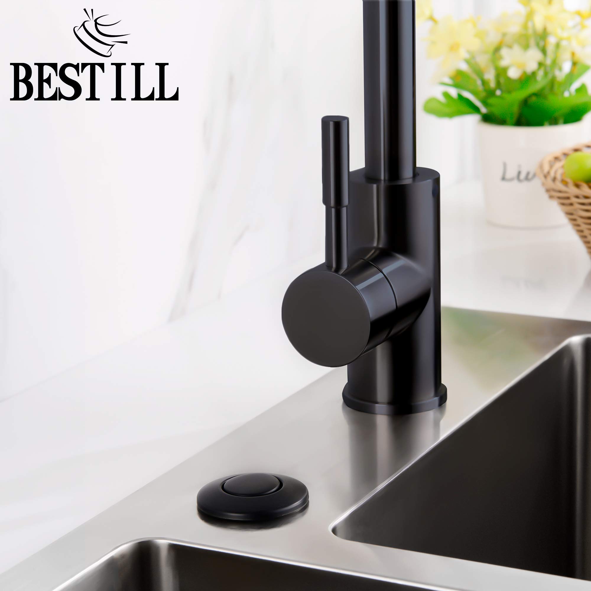 BESTILL Garbage Disposal Sink Top Air Switch Kit with Single Outlet, Matte Black Long Push Button with Brass Cover, UL Listed