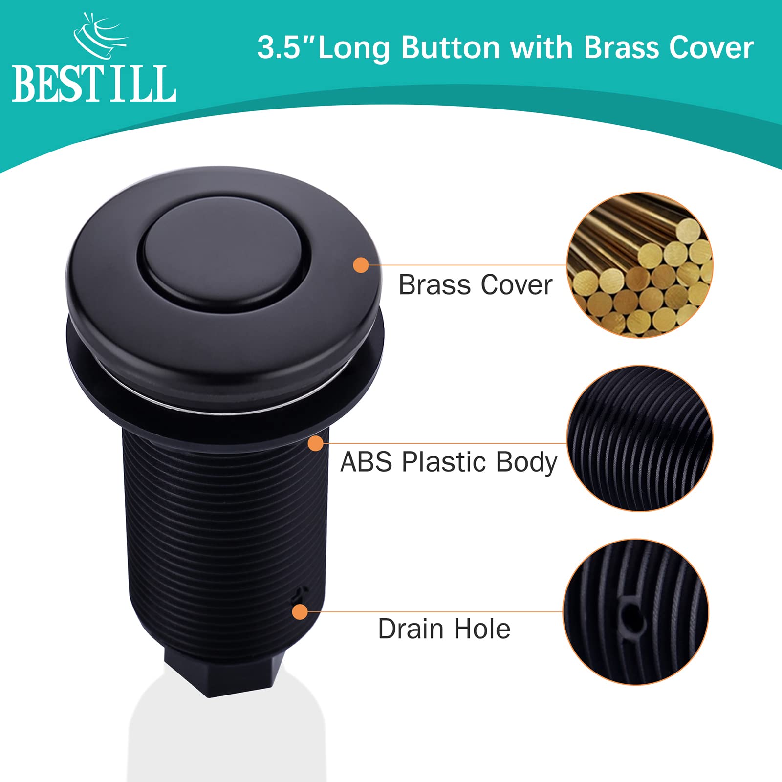 BESTILL Sink Top Air Switch Kit for Garbage Disposal, Matte Black Long Push Button with Brass Cover, UL Listed(E530042) Dual Outlet Power Module