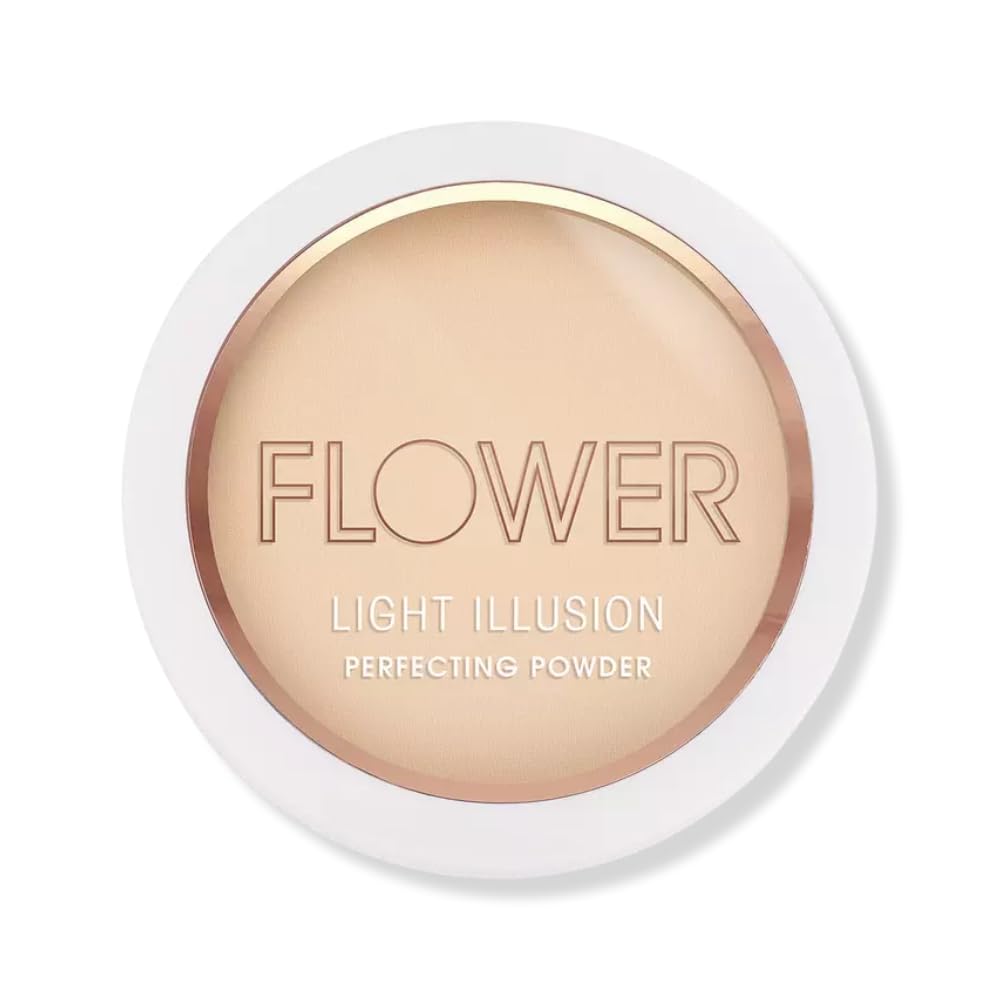 Flower Beauty Light Illusion Perfecting Powder - Pressed Powder Face Makeup, Buildable Medium Coverage with Blurring Pigments, Includes Mirror & Sponge (Beige)