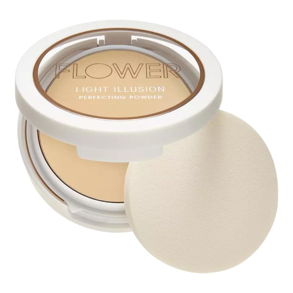 Flower Beauty Light Illusion Perfecting Powder - Pressed Powder Face Makeup, Buildable Medium Coverage with Blurring Pigments, Includes Mirror & Sponge (Beige)